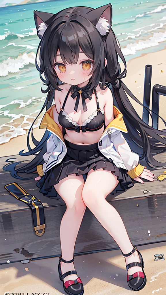 idol, yuri, bishoujo,masterpiece,best quality,official art,extremely detailed CG unity 8k wallpaper, Wearing a black bra on the beach、long black hair、Anime girl in black shoes,on the beach,Anime cat girl with yellow eyes,Dressed in black,Black mini skirt,Black strappy high heels,sitting,looking at the audience,White panties under black mini skirt,seducing the audience,coquettish expression 1.3),Strappy high heels 1.3)High heels with open toes,act coquettishly in front of the audience on the beach,cat girl acting coquettishly,blush,whole body is wet,sweat,又張嘴又blush,Rapid heartbeat