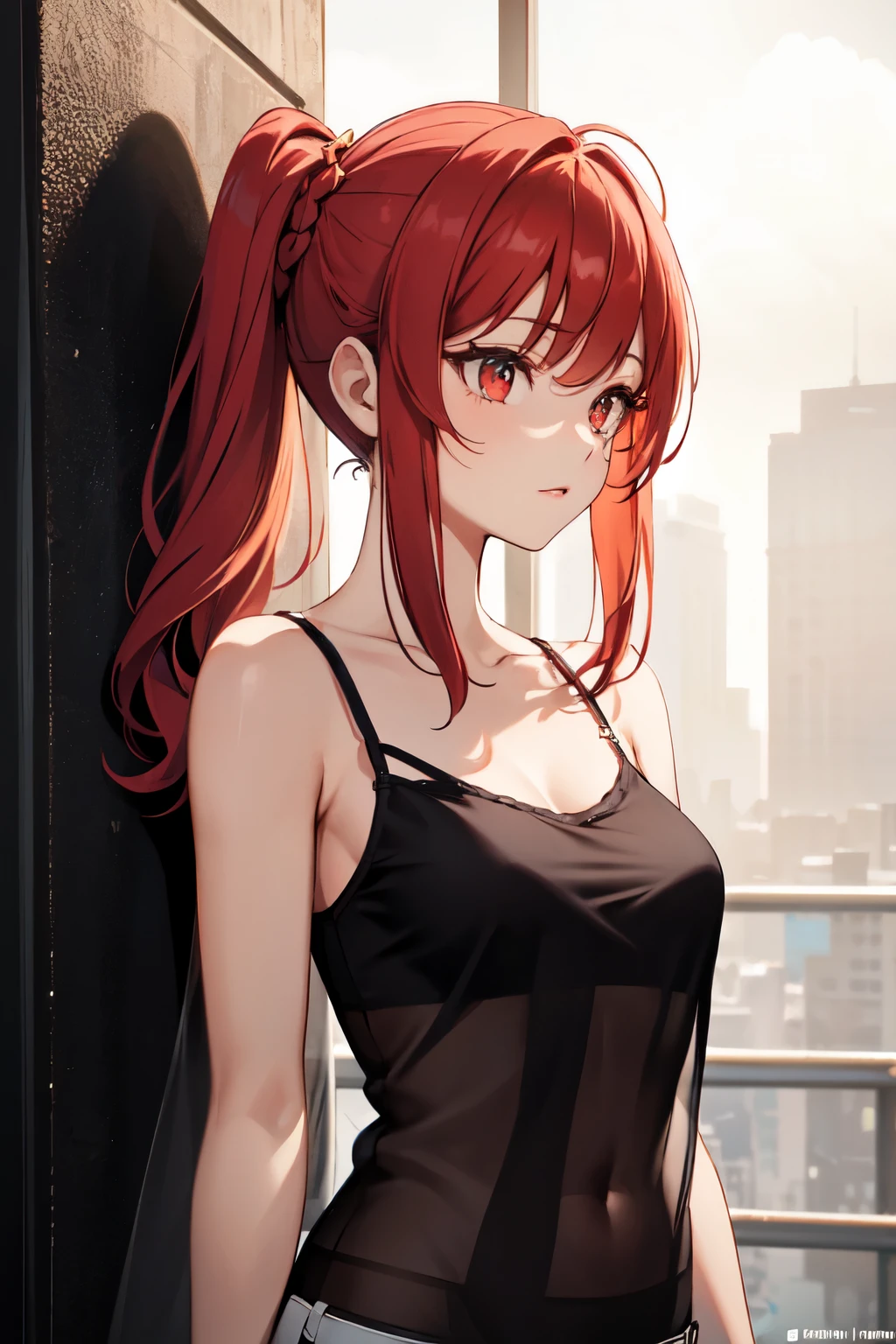 Optimal,masterpiece,High resolution,Highest quality,Hyper HD,Very detailed,Award-winning,16K,alone,(Upper Body),Correct ???????,Beautiful Cyberpunk Girl,Cowboy Shot、Cute Face,,Red hair、Long Hair、Twin tails、Braiding, Hairline,((Scarlet Eyes)),Long eyelashes,Drooping eye corners,White skin,Shoot from the side, ((See-through camisole:1.5)), 、rocket , (Because I'thin),