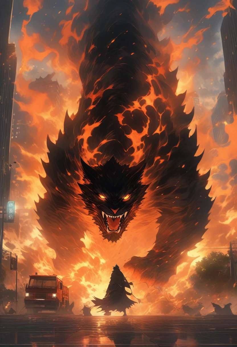 ((Masterpiece)), ((Best Quality)), (Very Detailed), ((Very Detailed)), 4K, (8K), very aesthetic, absurdres highres, Giant cat monster, under the dark night sky, a giant cat monster is destroying buildings in the city. A bright beam is emitted from the giant cat's eyes, and the building collapses. Red and orange flames illuminate the surroundings, and the giant cat monster's sharp fangs and claws cause fear. Amid smoke and flames, a giant cat monster roars, and its sound echoes throughout the city. Fragments of the building are scattered and sparks fly on the ground.