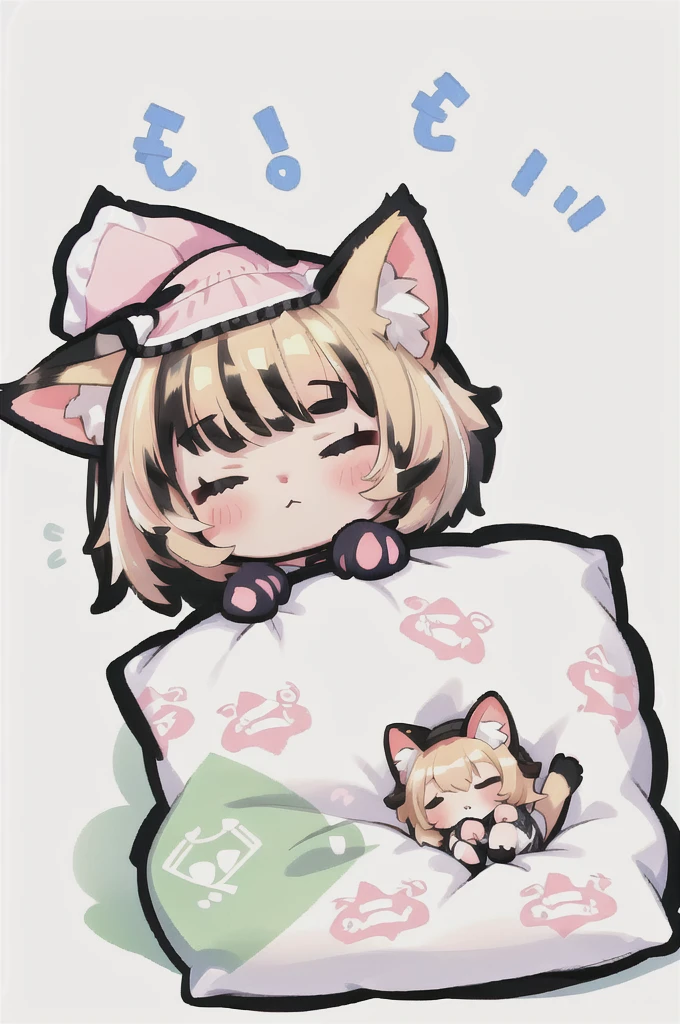 A cartoon of a cat sleeping on a pillow and another cat sleeping on it, there is nothingmimi, Cat girl, Beasts, There is a cat next to her, Cat girl, cute anime Cat girl, Ah ah, there is nothing, anime Cat girl, anime、Pink nightcap、Sleeping on a futon、Blonde Hair、Short Hair