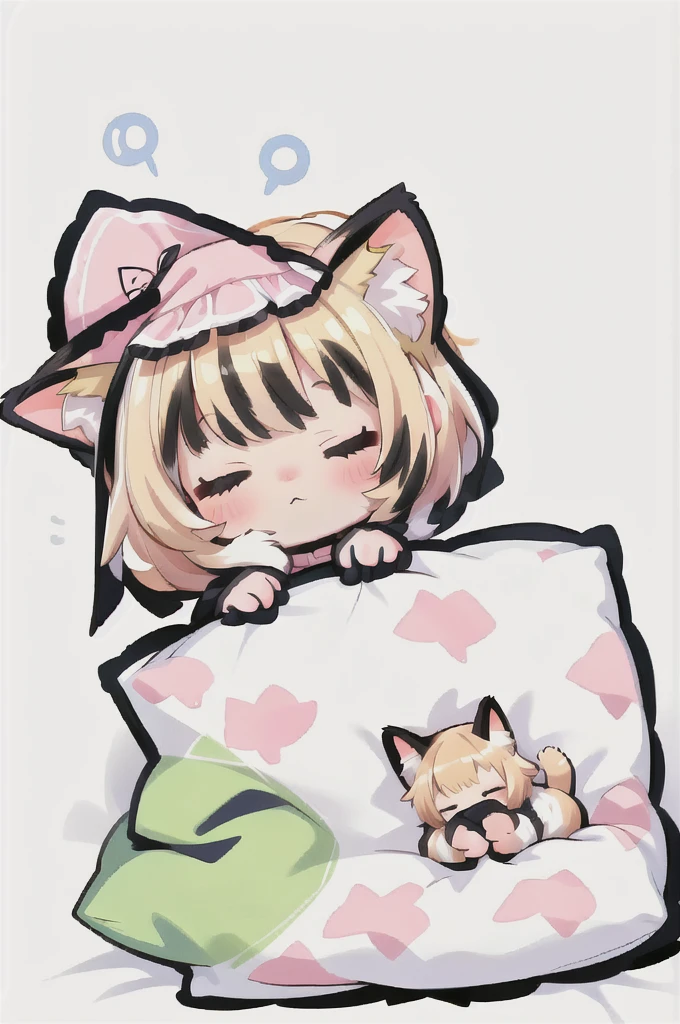 A cartoon of a cat sleeping on a pillow and another cat sleeping on it, there is nothingmimi, Cat girl, Beasts, There is a cat next to her, Cat girl, cute anime Cat girl, Ah ah, there is nothing, anime Cat girl, anime、Pink nightcap、Sleeping on a futon、Blonde Hair、Short Hair