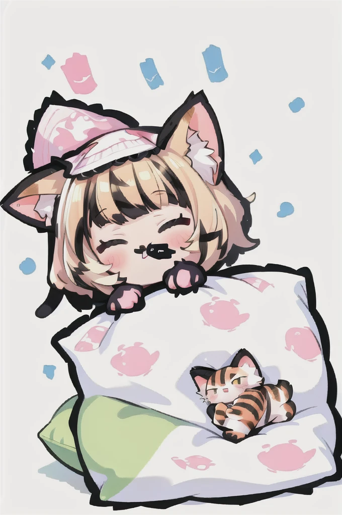 A cartoon of a cat sleeping on a pillow and another cat sleeping on it, there is nothingmimi, Cat girl, Beasts, There is a cat next to her, Cat girl, cute anime Cat girl, Ah ah, there is nothing, anime Cat girl, anime、Pink nightcap、Sleeping on a futon、Blonde Hair、Short Hair