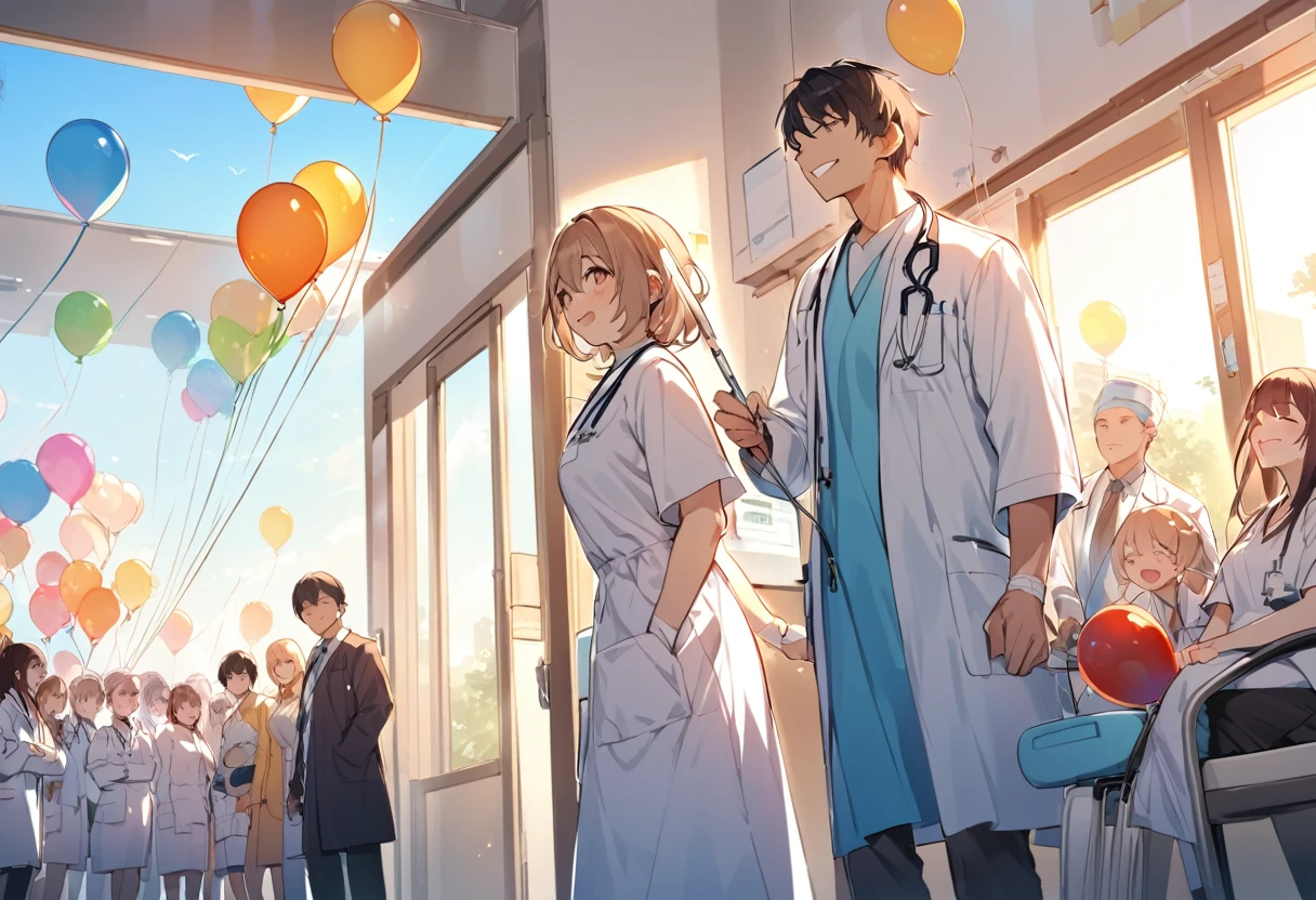 happy atmosphere，encourage，hospital，queue，Draw blood，，doctor，sunshine balloon，queue，sit down，vivid