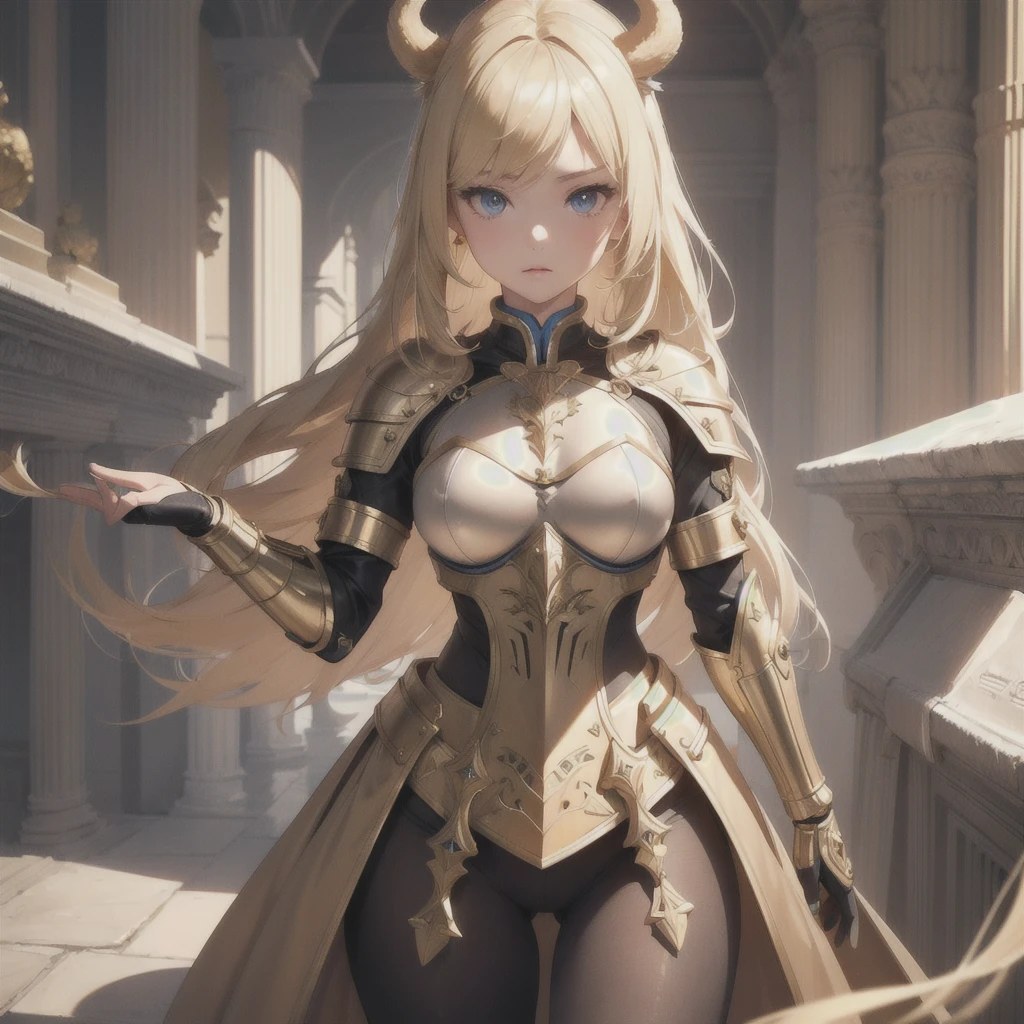 ((One girl, alone, Blonde), Full Body,Very detailed,Very delicate,((masterpiece)), Beautiful face and eyes,Shortcuts),(breastplate,Army Costume),Sharp Eye,(Beautiful face and eyes, Small breasts,),Beastman,tail