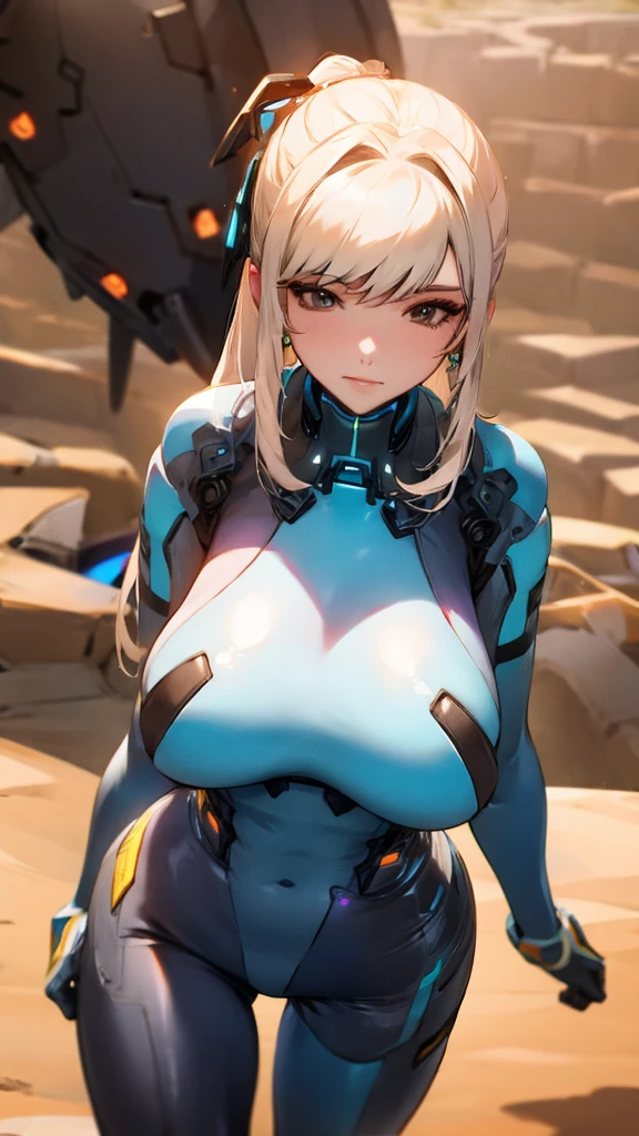 Eve with huge breasts in neon micro nanosuit with huge cleavage in the desert 