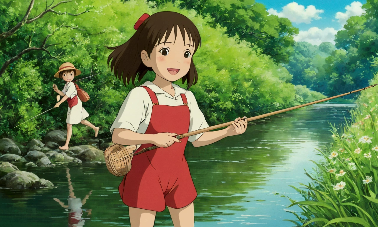 Ghibli　summer 　river　fishing　play　girl