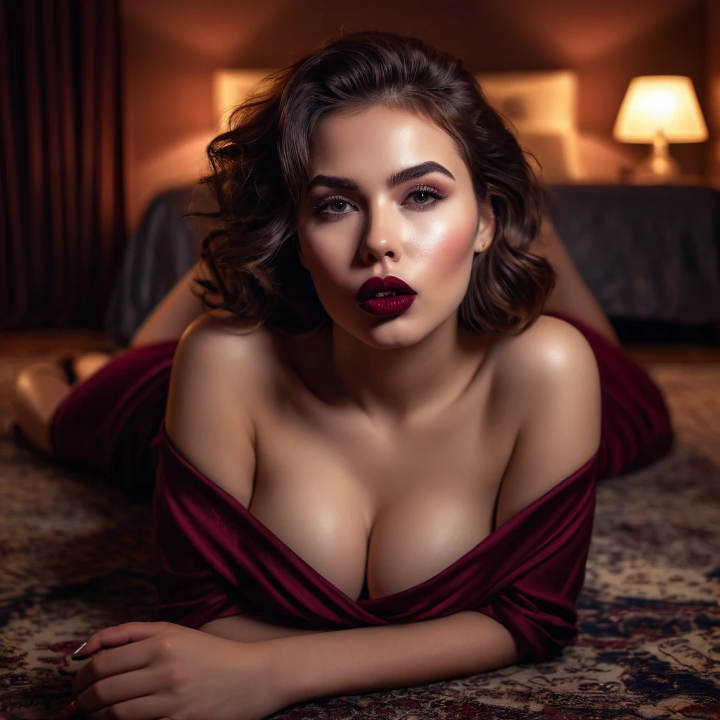 tender, beautiful girl, lying on a soft velor carpet, in a dim room with lamps in the corners, languid look, big bust, looks at the camera, licking lips. Lips painted with dark burgundy lipstick, Ultra-realistic, high detail, HDR