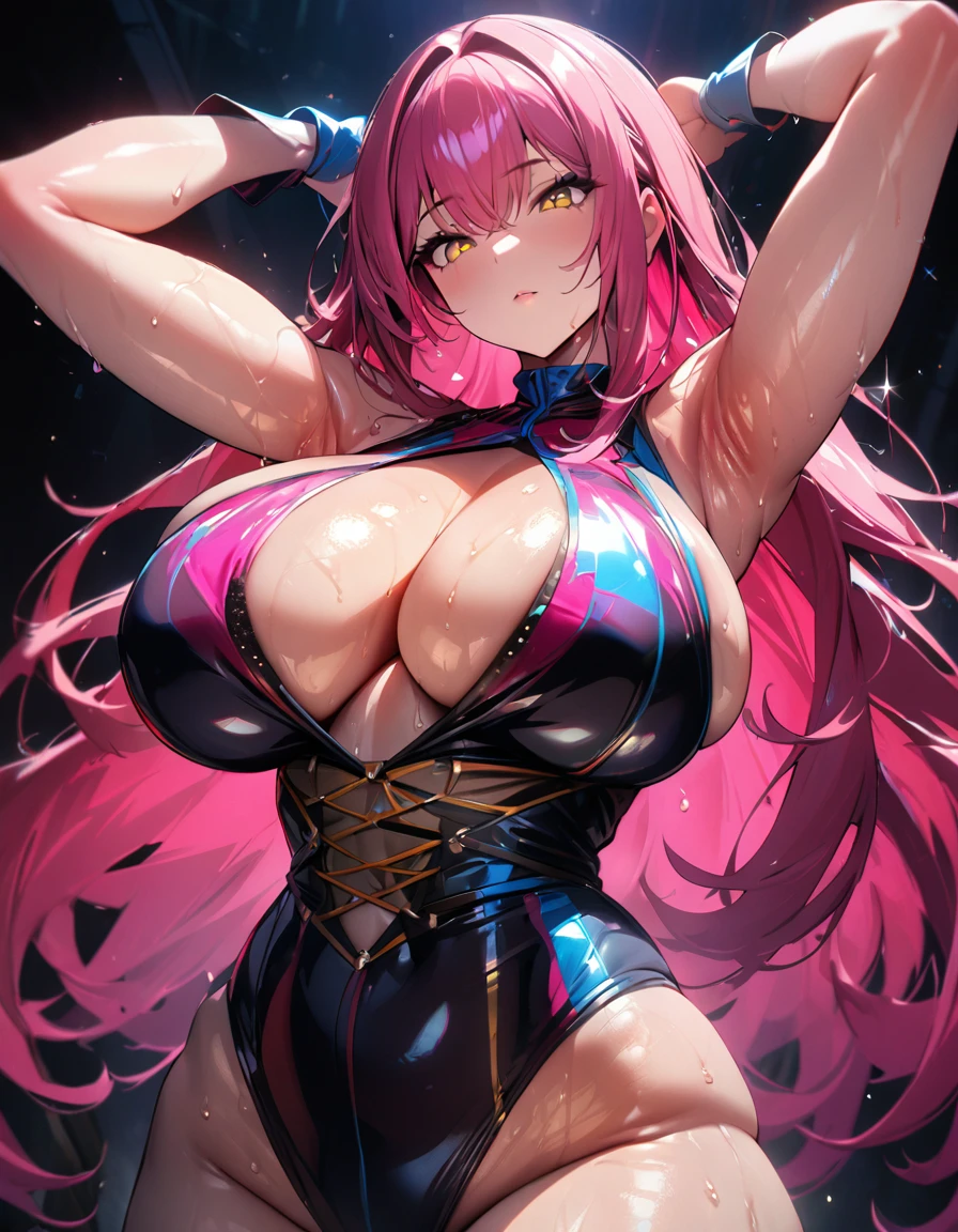 1girl,super huge breasts, pink hair, golden eyes,staring coldly,long hair, body curves, (best quality,4k,highres,masterpiece:1.2),ultra-detailed, dramatic lighting,vibrant colors,cinematic, Sparkle outfit, sweaty armpits, bright skin, shiny golden eyes, golden eyes