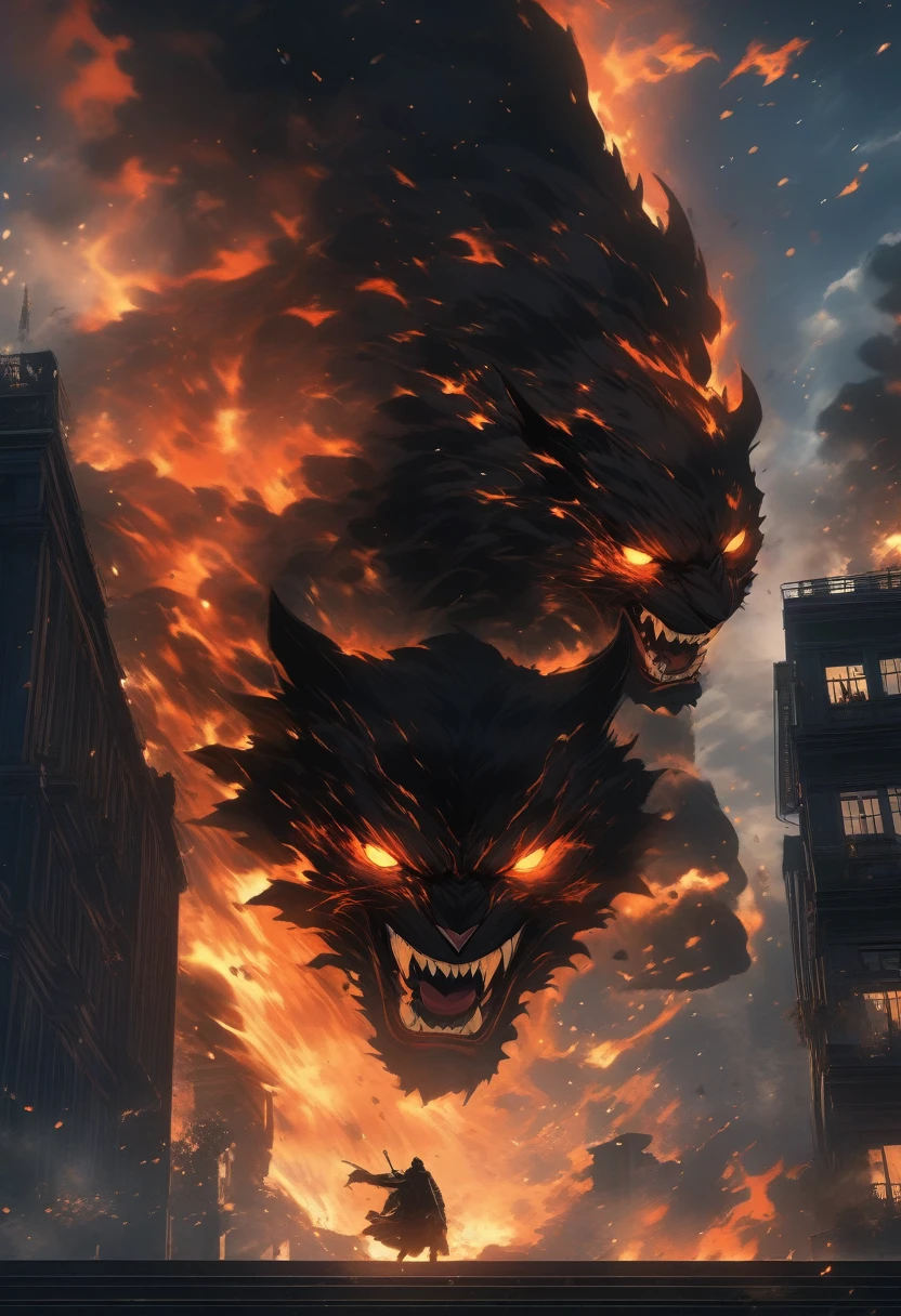 ((Masterpiece)), ((Best Quality)), (Very Detailed), ((Very Detailed)), 4K, (8K), very aesthetic, absurdres highres, Giant cat monster, a giant cat monster is destroying buildings in the night view of the city. It depicts a beam emitted from the eyes of a giant cat monster that pierces a building and causes it to collapse. Red and orange flames shine against the dark night sky, and the giant cat monster's sharp fangs and roaring mouth heighten the tension. Amid the smoke and flames, a destructive force can be felt. The windows of the building were broken and pieces were scattered in all directions.