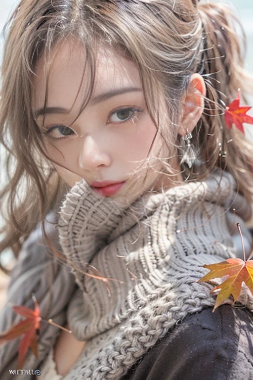 Sit on a chair、(Face close-up:1.3)、((A sly pose)),(RAW shooting), 35age、((A high-necked red knit sweater))、White scarf around neck、Long thin earrings、Round eyes、Cheek on ear、correct、make、smile、Biting the lower lip、Soft lips、誘惑的なsmile、Sparkle、Darker lipstick、Cheek on nose、(Autumn leaves)、((Watery eyes))、Asymmetrical Hair、Real Skin、Blonde Hair、Very realistic,Gray Hair、Messy Hair、Hair behind the ear、Floating Hair、Short Hair、Boyish Hair、Blunt bangs、Drop Shadow、Hyperrealism、Contemporary Art、shine、reflected light、Ultra Wide Angle、16K、Super detailed、最high quality、uhd、Anatomically correct、Awards、最high quality、Ultra high detail、high quality、High resolution、Textured skin、correct、masterpiece、((Cold Pose:1))、(((Shoot from different distances and angles:1.5)))、Super close-up of the face