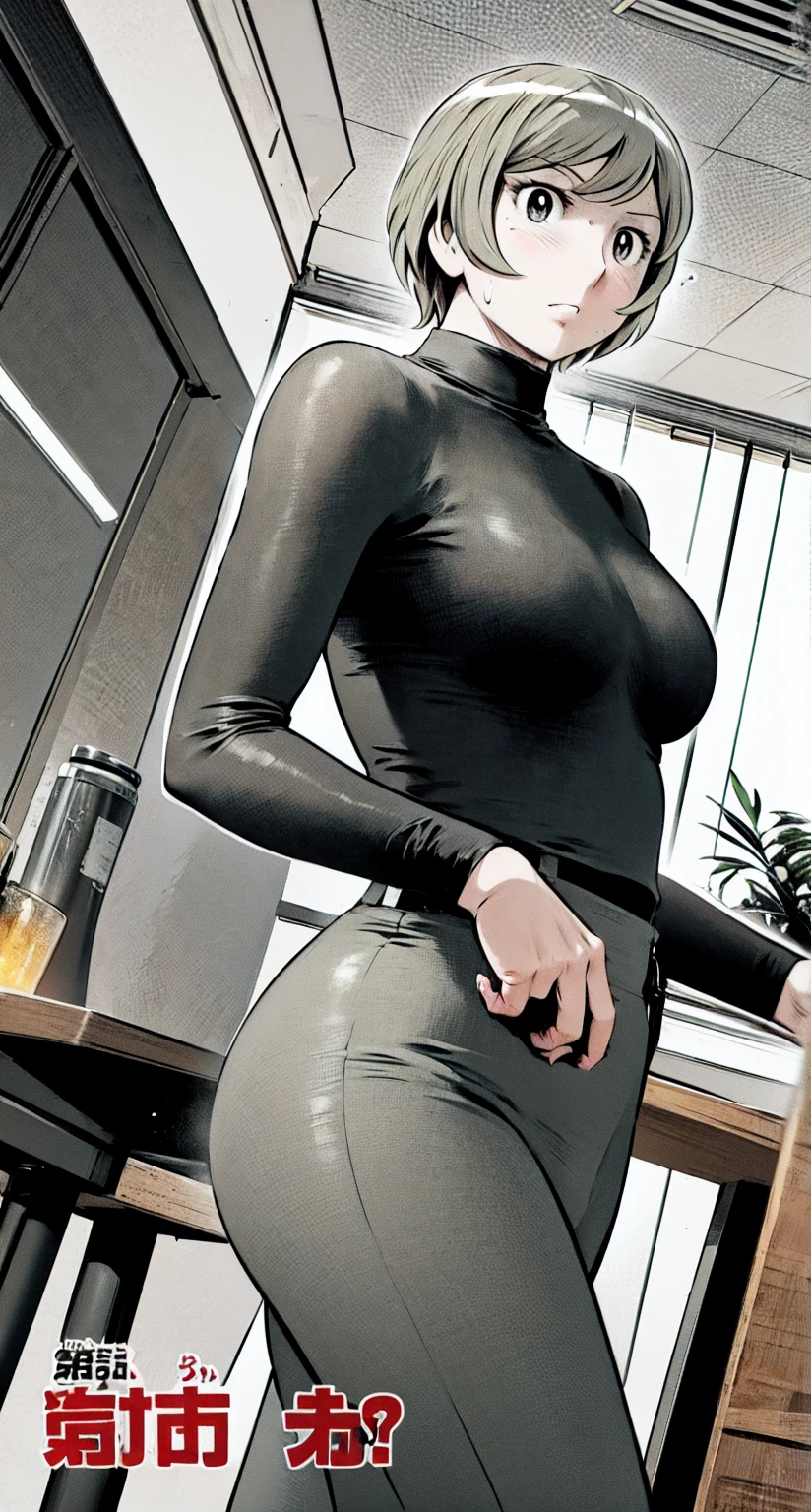 1girl, 18 years old, (brown pantyhose:1.3), (highheels:1.1), (emphasis on her legs and feet:1.3), long straight dark brown hair, (tight grey pencil skirt:1.1), (huge breasts:1.3), (small hips:1.2), (tight grey turtleneck:1.2), small butt, skinny, (thin:1.1), fit, athletic, short, perfect body, beautiful, cute, walking towards the viewer, masterpiece, highly detailed, beautiful, sexy legs, confidence, low denier, luxurious fabric, soft lighting, office backdrop, intricate details, HDR, 8k