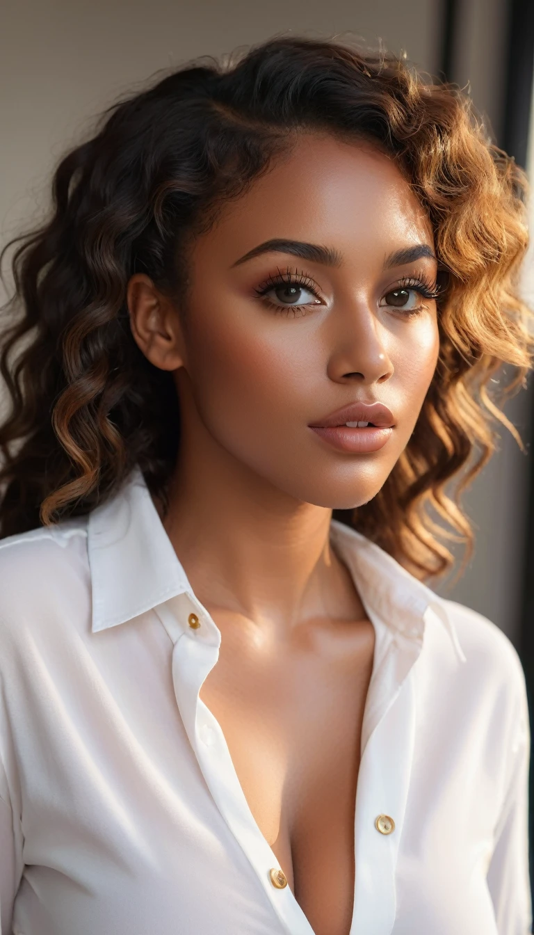 (best quality,4k,highres, highres face details), Bina, African American 30-year-old, with long brown curly hair, wearing a white buttoned-up shirt,18 years old, Instagram model, 32DD natural breast, fake lashes, fake lips, dark makeup, perfect skin, tan skin, golden hour, huge natural breast 32DD, posing, sexy, sensual vibes, whole body image, from head to toes