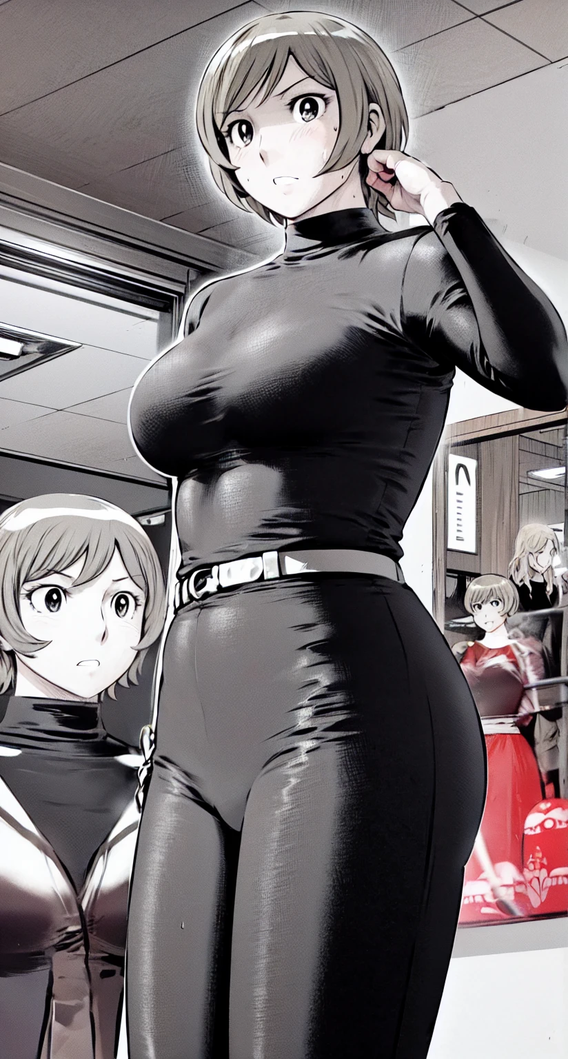 、(masterpiece、Highest quality)、Highest quality, Ultra-high resolution, (((masterpiece))), alone, Sweat、Big eyes,office、tight white dress shirt、Tight black suit、Tight black pants、indoor、Composition from the front、（後ろCut your hair short、short hair、blonde、woman）、Shortcuts、Embarrassed face、Cut your hair short、可愛いwomanの子、Big Breasts