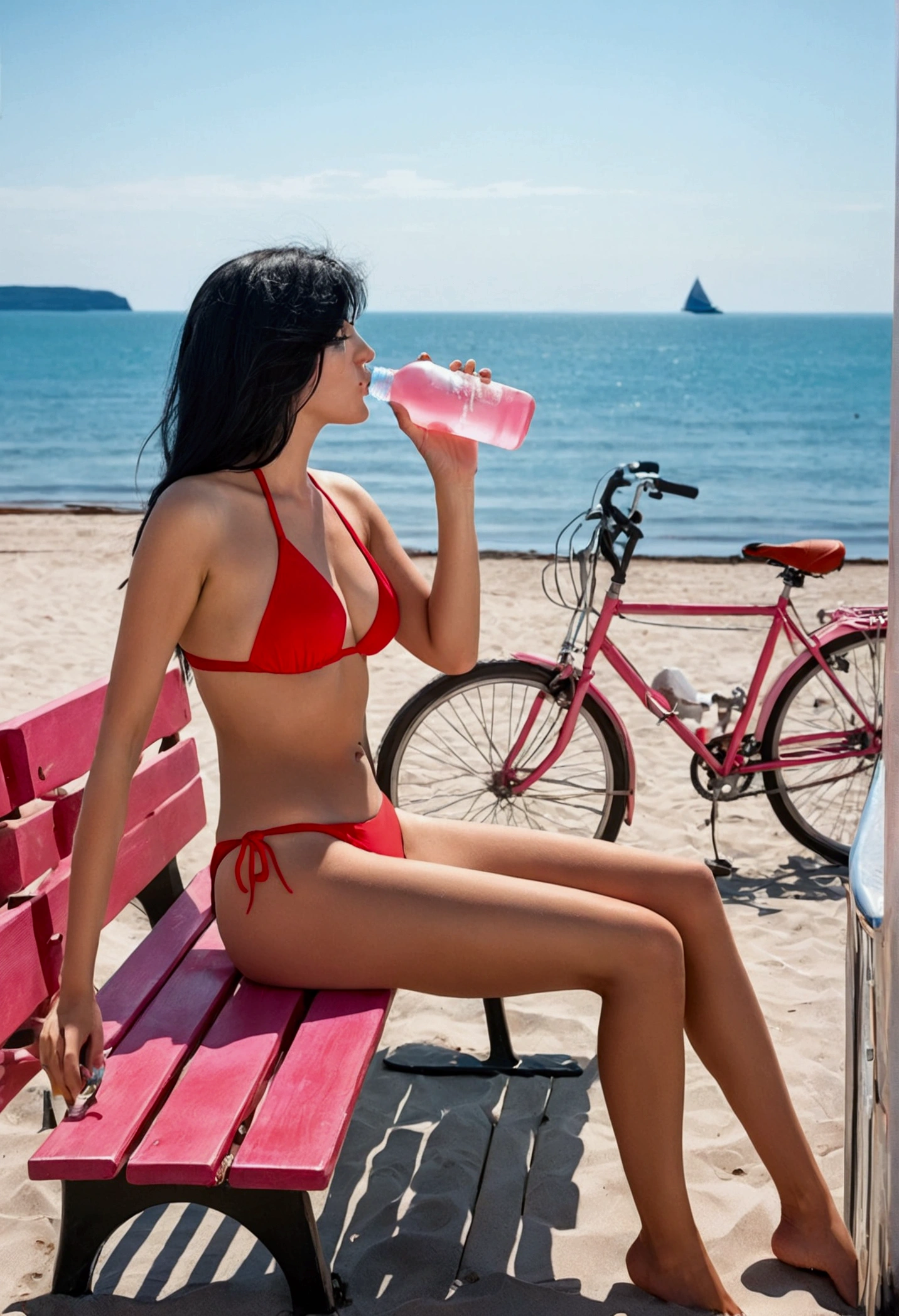 Black haired for girl in red bikini sitting on the beach bench and drinking water from a pink bottle, seaside view behind with coupe of bicycles in the view