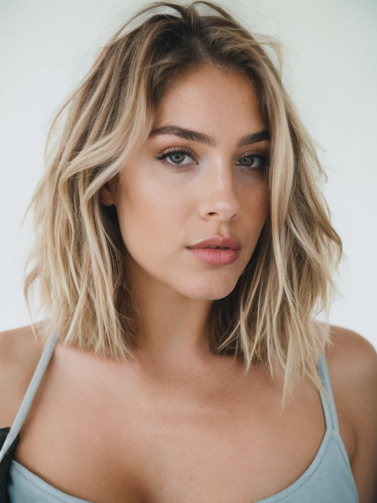 a beautiful 23-year-old woman, girl next door, makeup, lips, blonde, messy hair, short hair, film grain, cleavage, retro, Porta 160 color, shot on ARRI ALEXA 65, sharp focus on subject, Fujifilm XT-3