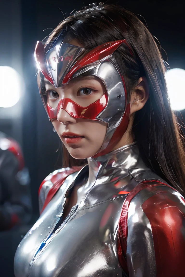 Ultraman、realistic、realistic、cinematic lighting, Girl in a shiny red and silver suit、15 years old、professional photos、Don&#39;Do not expose your skin, japanese model, japanese cgi、Ultraman Suit、, Power Rangers Suit、tight and thin cyber suit,Whole body rubbery、There&#39;s pink There、 delicate body, big breasts、small ass、thin thighs、thin arms、thin waist、camel toe、Both sides of the cyber suit stick to the skin、Big eyes、black short hair、facing the front、facing the front立っている、A glowing sphere is embedded in the chest.、Essay Examination、 blue sky background