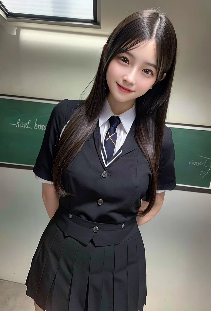 Highest quality, masterpiece,8k, Ultra-high resolution, （Smile）,(Realistic: 1.4), RAW Photos, Dynamic Pose,Black Hair,((uniform)),Young,1 girl, Glowing Skin, classroom, Dramatic lighting, whole body, high school girl,（underwear）