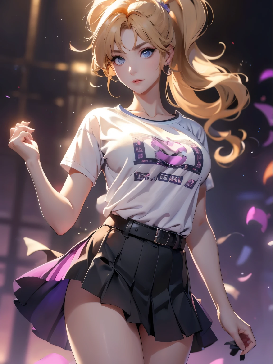 1 woman, (Masterpiece:1.0), (8k background screen) : 1.0), (beautiful detailed face: 1.0), blonde hair, hair tied in a side ponytail, sensual cleavage, ((T-shirt:1.5)), beautiful breasts, pronounced nipples in clothes, sexy pose, elegant makeup, female focus, character close to the camera, V-shaped panties, violet panties, lace underwear, standing, in an office, black stockings,