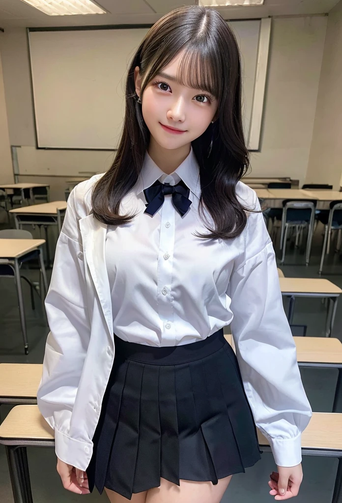 Highest quality, masterpiece,8k, Ultra-high resolution, （Smile）,(Realistic: 1.4), RAW Photos, Dynamic Pose,Black Hair,((uniform)),Young,1 girl, Glowing Skin, classroom, Dramatic lighting, whole body, high school girl,（underwear）