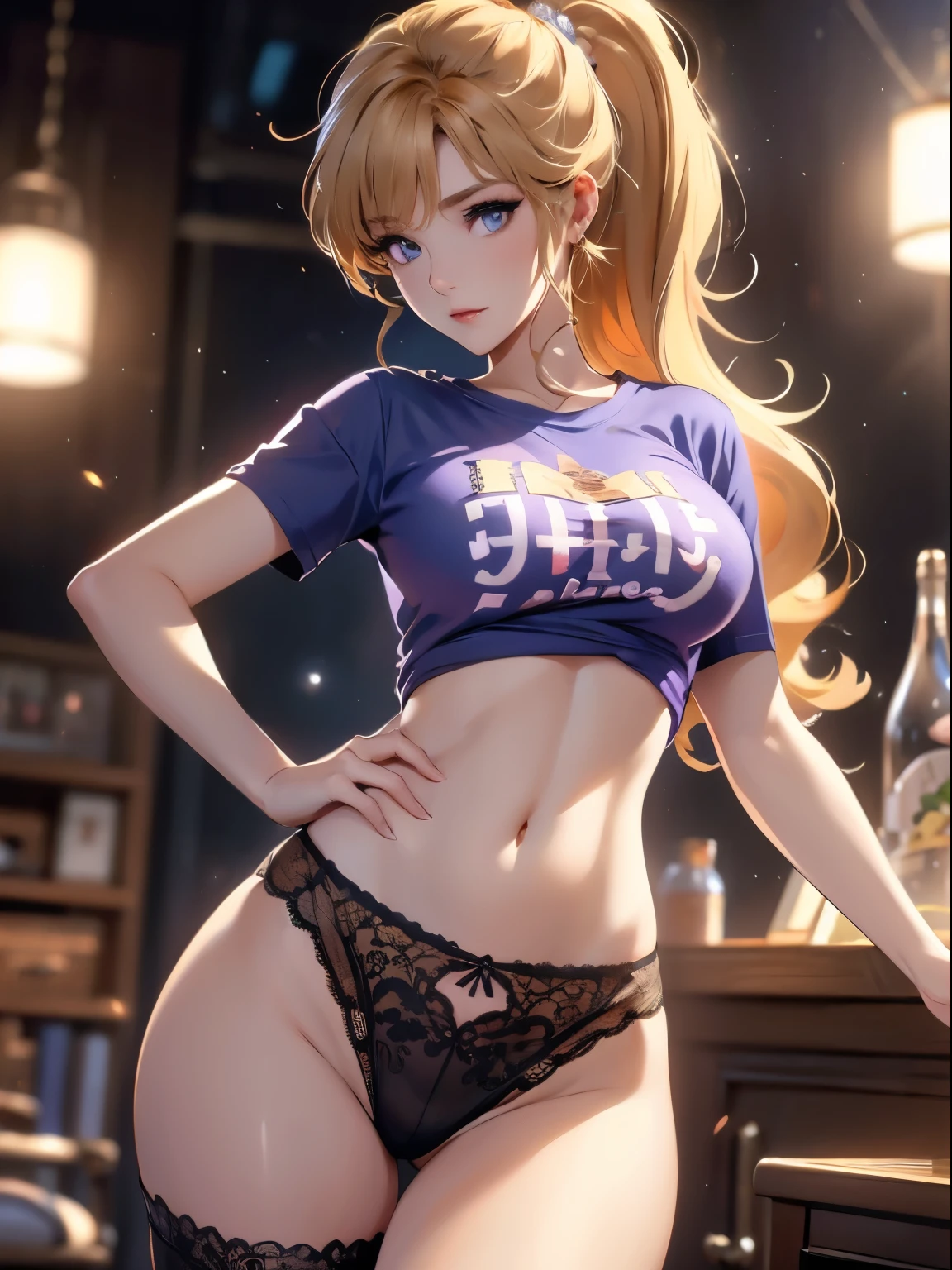 1 woman, (Masterpiece:1.0), (8k background screen) : 1.0), (beautiful detailed face: 1.0), blonde hair, hair tied in a side ponytail, sensual cleavage, ((T-shirt:1.5)), beautiful breasts, pronounced nipples in clothes, sexy pose, elegant makeup, female focus, character close to the camera, V-shaped panties, violet panties, lace underwear, standing, in an office, black stockings,