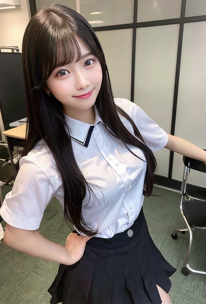 Highest quality, masterpiece,8k, Ultra-high resolution, (Smile),(Realistic: 1.4), RAW Photos, Dynamic Pose,Black Hair,((uniform)),Young,1 girl, Glowing Skin, classroom, Dramatic lighting, whole body, high school girl,(underwear)