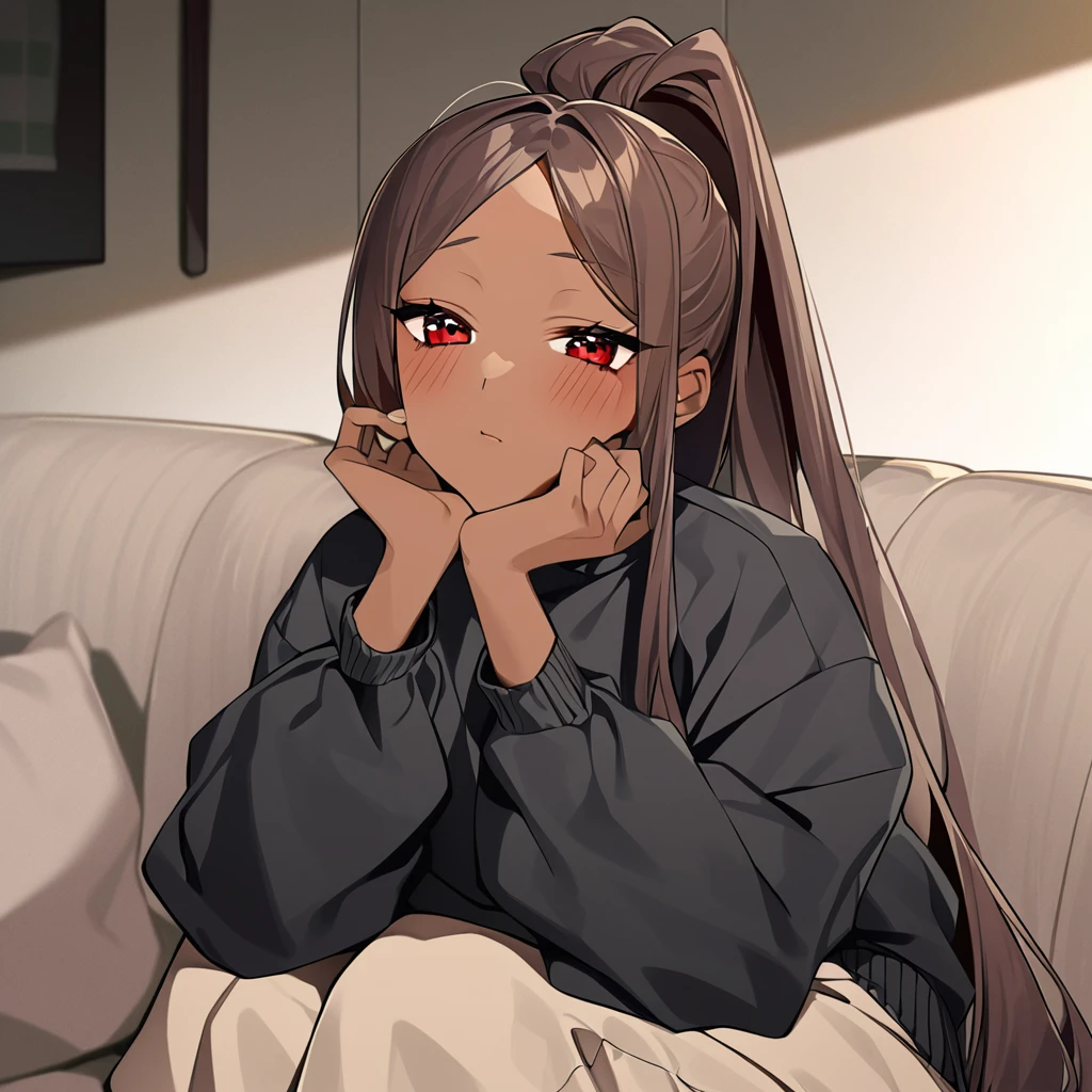 A woman with brown skin and red eyes, and long hair tied in a long, voluminous ponytail. She wears extra-oversized brown pants and a black blouse. She is sitting on a sofa, as if taking a photo while having a bout of shyness.