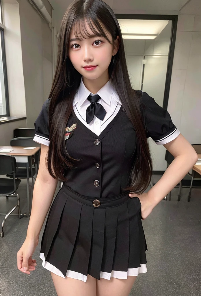 Highest quality, masterpiece,8k, Ultra-high resolution, (Smile),(Realistic: 1.4), RAW Photos, Dynamic Pose,Black Hair,((uniform)),Young,1 girl, Glowing Skin, classroom, Dramatic lighting, whole body, high school girl,(underwear)