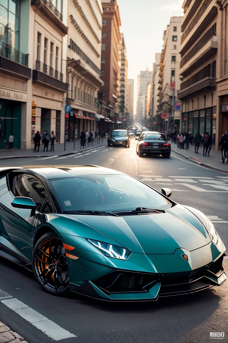 movie grain, magazine printing, a Lamborghini Revuelto car on the streets of Mexico City