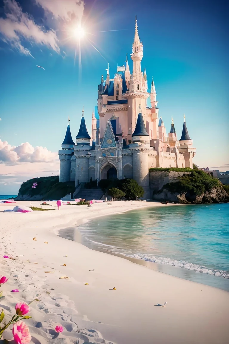 Castle, flowers, delicate scene, sky, white clouds, and sunlight shine on the snow-white beach. birds, pink flowers and bright big shells, diamond crystal, on the beach, fantasy, night sky, moon, smoke, fire, photo, HD, 8K, UHD, super detail, high quality, 1080P