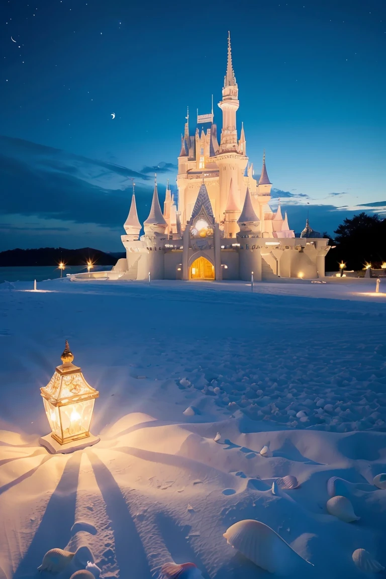 Castle, flowers, delicate scene, sky, white clouds, and sunlight shine on the snow-white beach. birds, pink flowers and bright big shells, diamond crystal, on the beach, fantasy, night sky, moon, smoke, fire, photo, HD, 8K, UHD, super detail, high quality, 1080P  