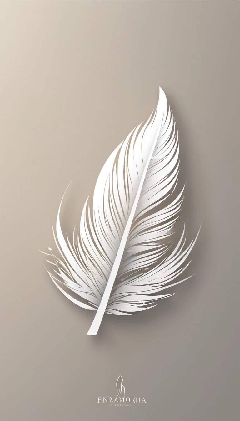 A minimal, modern, simple, cinematic logo design for the brand “Penamemoria". Create a modern, minimalistic, high-quality, white logo of a simple, fantastic, hipnotic, dreamy, artistic feather that symbolizes dreams, stories and memories