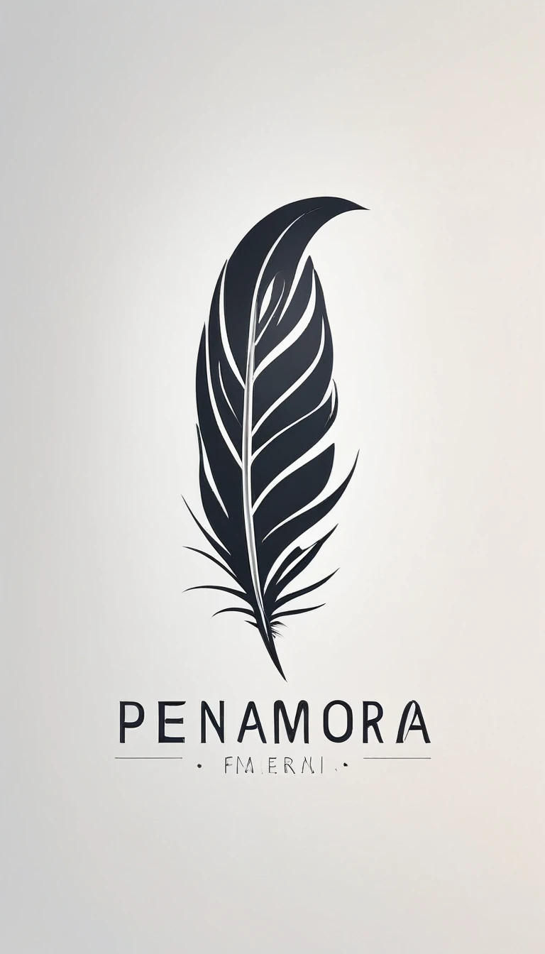 A minimal, modern, simple, cinematic logo design for the brand “Penamemoria". Create a modern, minimalistic, high-quality, white logo of a simple, fantastic, hipnotic, dreamy, artistic feather that symbolizes dreams, stories and memories