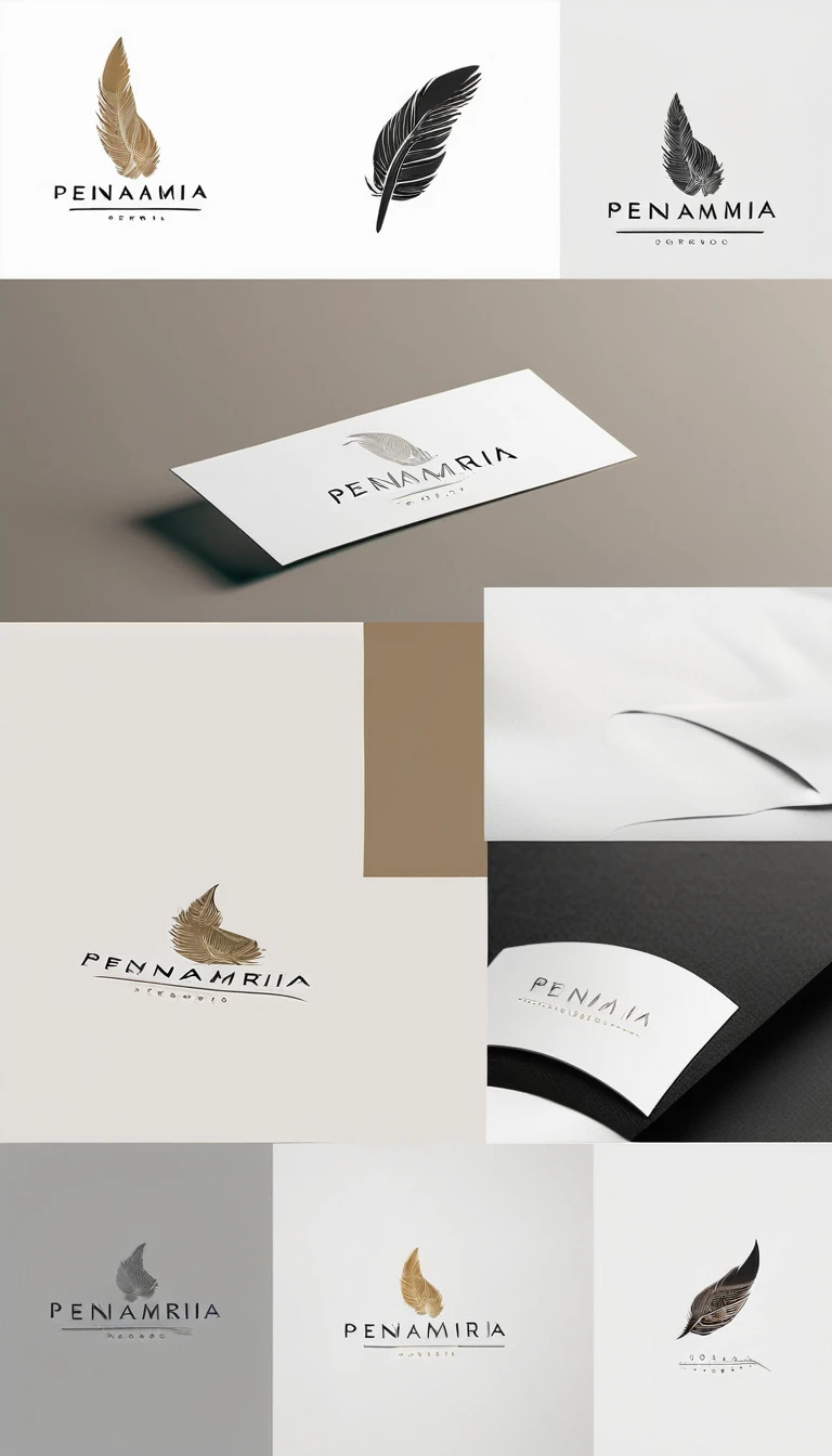 A minimal, modern, simple, cinematic logo design for the brand “Penamemoria". Create a modern, minimalistic, high-quality, white logo of a simple, fantastic, hipnotic, dreamy, artistic feather that symbolizes dreams, stories and memories