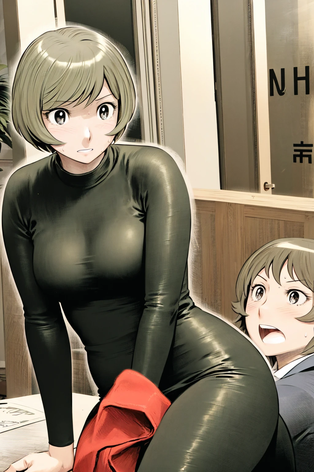 、(masterpiece、Highest quality)、Highest quality, Ultra-high resolution, (((masterpiece))), alone, Sweat、Big eyes,office、tight white dress shirt、Tight black suit、Tight black pants、indoor、Composition from the front、（後ろCut your hair short、short hair、blonde、woman）、Shortcuts、Embarrassed face、Cut your hair short、可愛いwomanの子、Big Breasts、Sit on a chair、Face to face、Composition from the front、View your audience