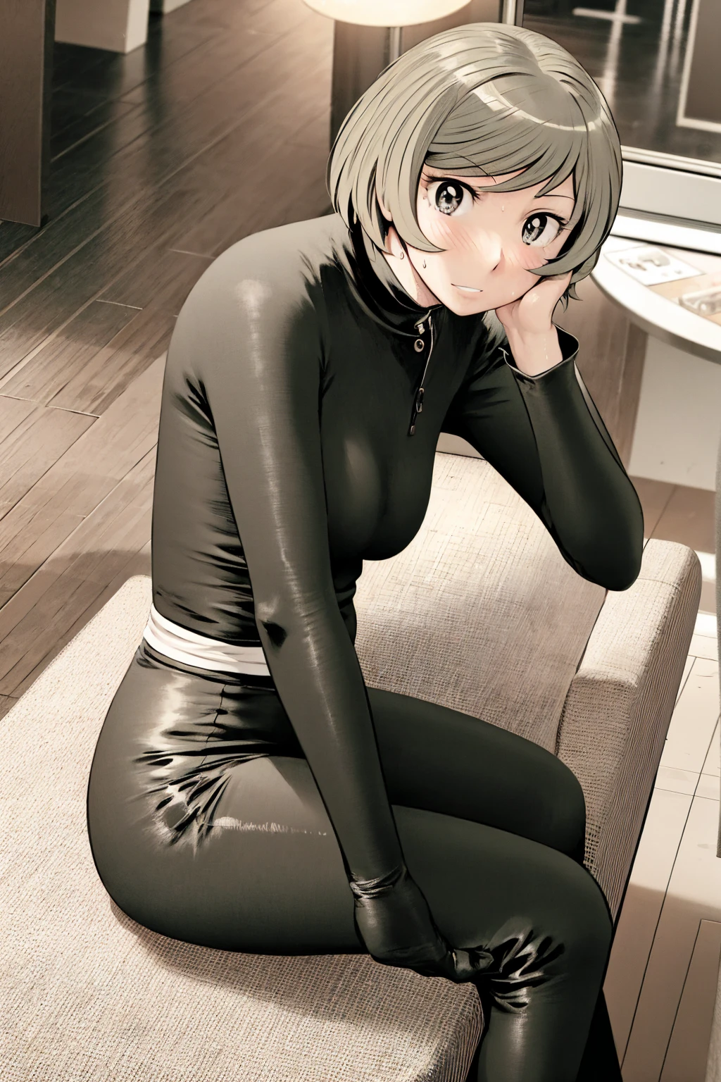 、(masterpiece、Highest quality)、Highest quality, Ultra-high resolution, (((masterpiece))), alone, Sweat、Big eyes,office、tight white dress shirt、Tight black suit、Tight black pants、indoor、Composition from the front、(後ろCut your hair short、short hair、blonde、woman)、Shortcuts、Embarrassed face、Cut your hair short、可愛いwomanの子、Big Breasts、Sit on a chair、Face to face、Composition from the front、View your audience