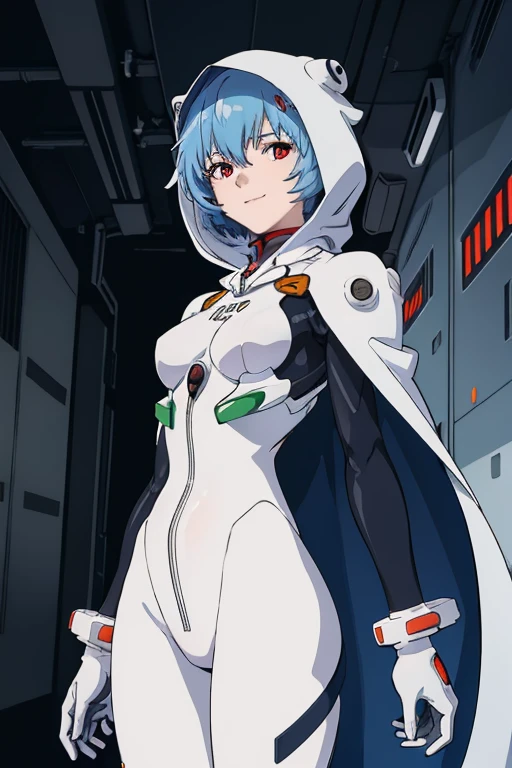masterpiece, best quality, 1girl, ayanamirei, plugsuit, interface headset, hooded white cloak, cape, High Resolution, Smile, Blue Hair, Breasts, Short Hair, From Below, Masterpiece, Best Quality, Hood up, 