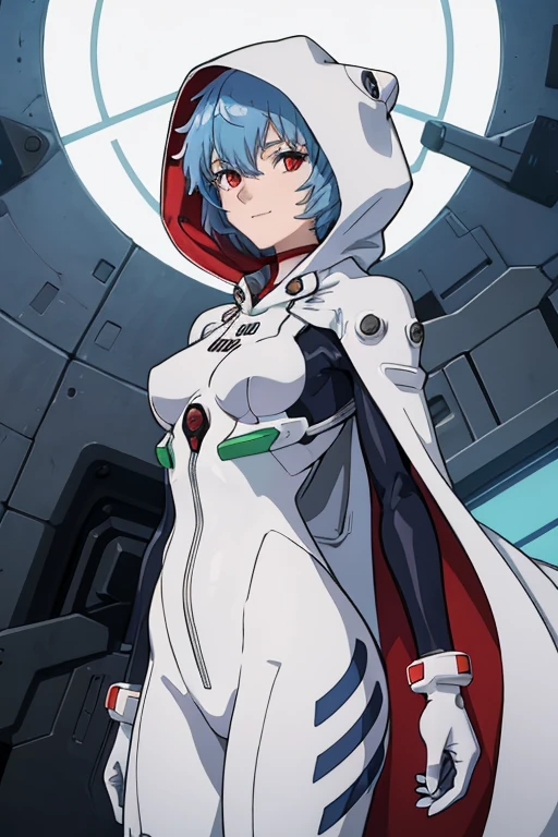 masterpiece, best quality, 1girl, ayanamirei, plugsuit, interface headset, hooded white cloak, cape, High Resolution, Smile, Blue Hair, Breasts, Short Hair, From Below, Masterpiece, Best Quality, Hood up,