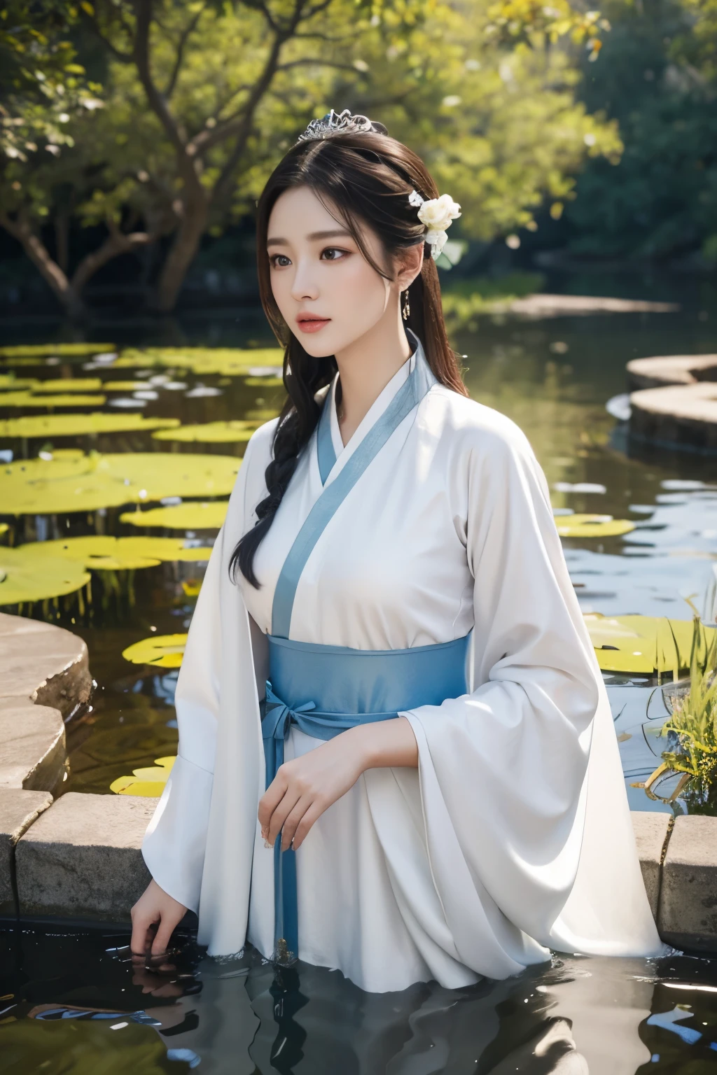 masterpiece, super detailed face, realistic eyes, arafed image of a woman in a white dress standing in a pond of water, a beautiful fantasy empress, beautiful digital artwork, palace, a girl in hanfu, a beautiful fantasy empress, 8k stunning artwork, 4k highly detailed digital art, beautiful render of tang dynasty, 3d render character art 8k, 3d goddess portrait

