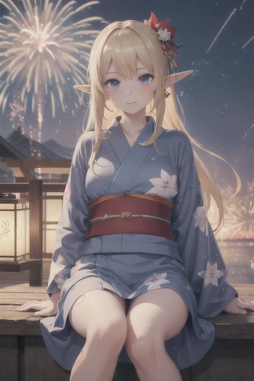 masterpiece,Highest quality, Unreal Engine, Ultra-high resolution, Very detailed,
1 person , Blonde Elf、pointy ears、Long hair sitting、firework、Wearing a yukata