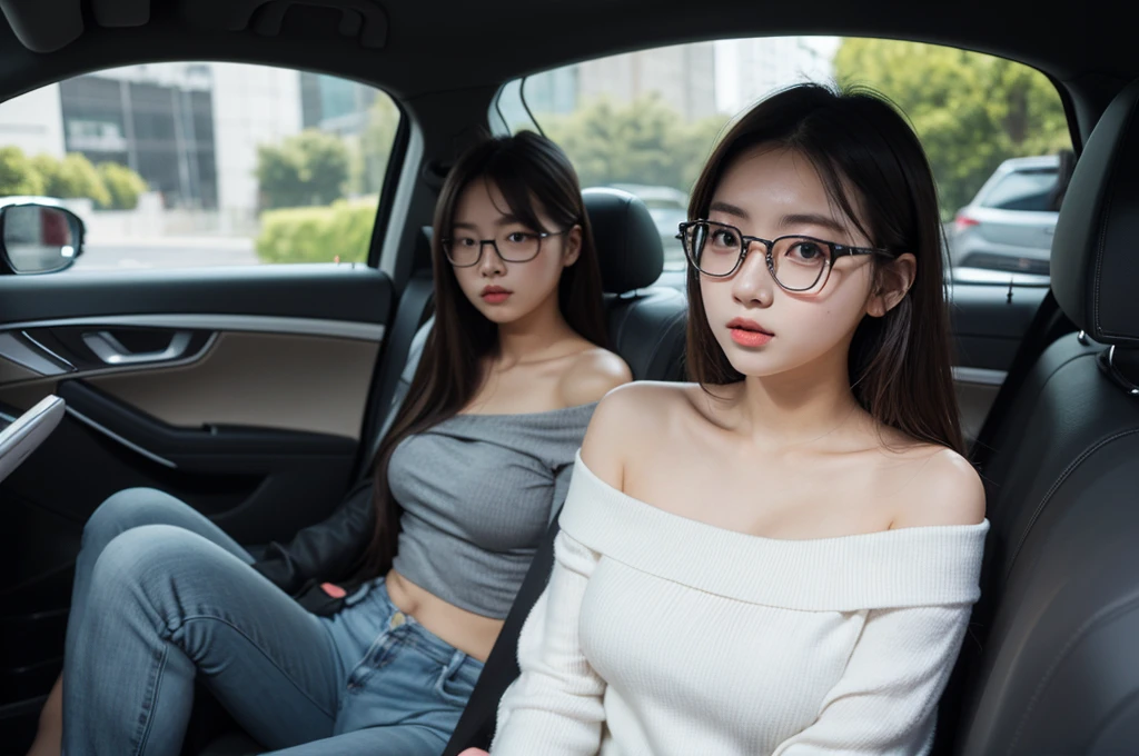  girl 19-year-old Hairstyle Casual, wearing off shoulder collarbone and casual long pants girl with Square glasses with black edges  in car and driving the car with her friend