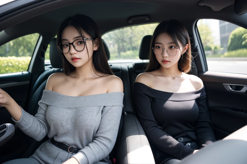 Indonesian girl 19-year-old Hairstyle fashion Casual, F Cup Breasts wearing off shoulder collarbone and casual long pants girl with Square glasses with black edges in car and driving the car with her mother