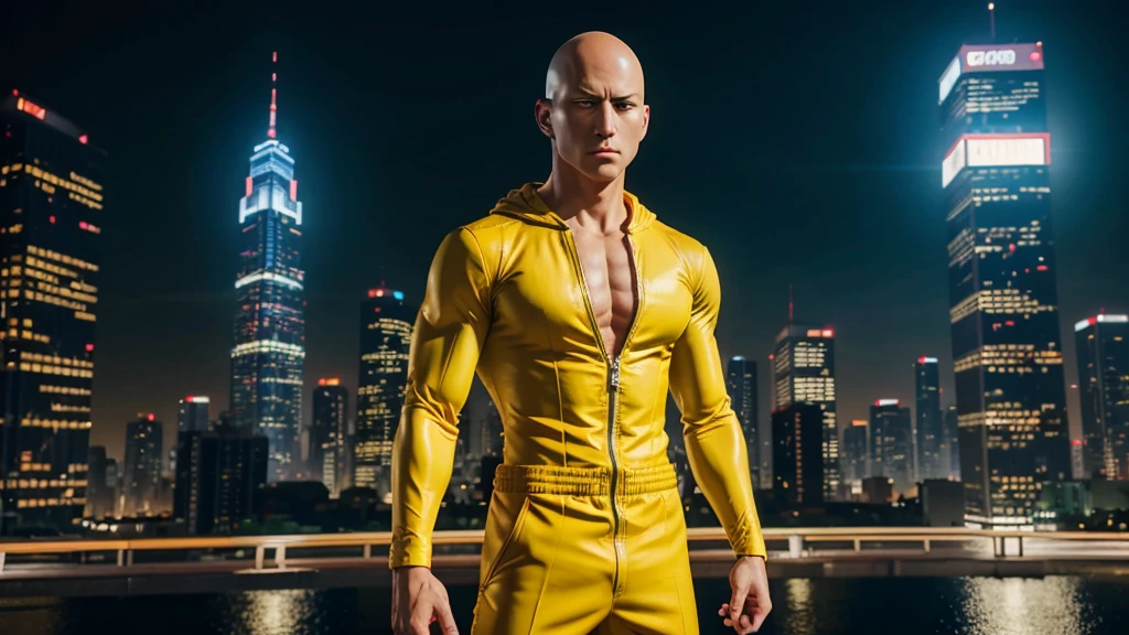 a young aged Saitama from one punch man anime, bald head, simple facial features, stoic expression, muscular build, wearing a yellow jumpsuit, standing in a cityscape background, dynamic action pose, cinematic lighting, vibrant colors, photo realistic, 8k, detailed, high quality