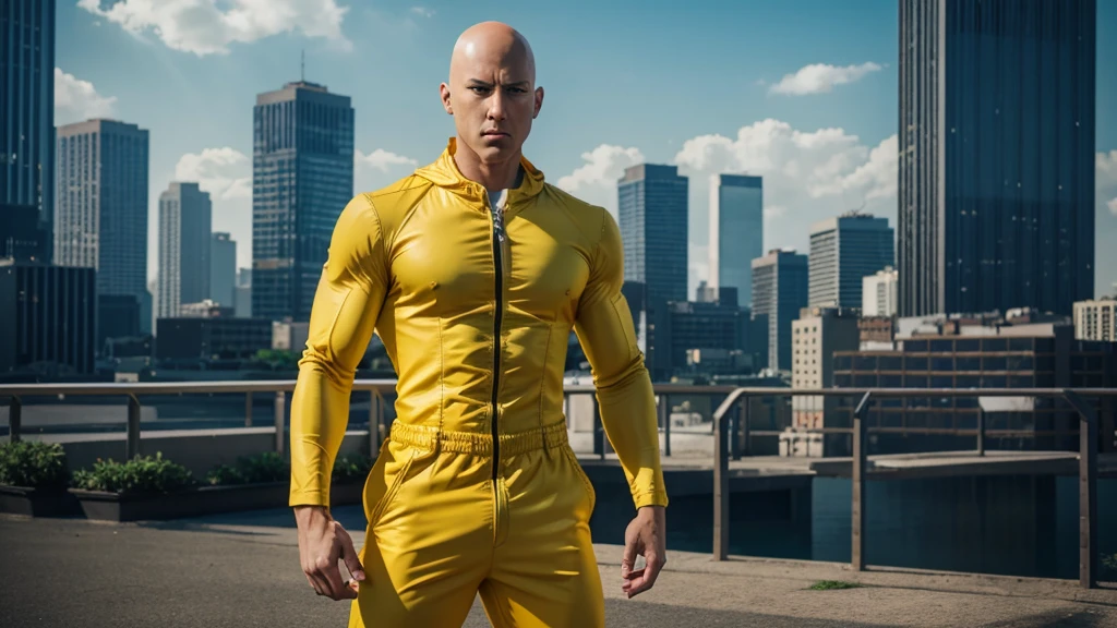 a young aged Saitama from one punch man anime, bald head, simple facial features, stoic expression, muscular build, wearing a yellow jumpsuit, standing in a cityscape background, dynamic action pose, cinematic lighting, vibrant colors, photo realistic, 8k, detailed, high quality