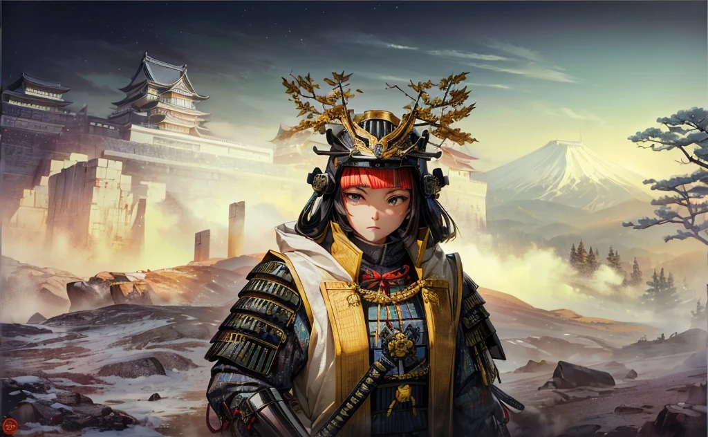 Female, (girls:1.5), (exceptional, best aesthetic, new, newest, best quality, anime, waifu:1.2), best quality, ultra detailed, absurdres, highres, colored, good anatomy, normal eyes, centered eyes, no cockeyed, no cross-eyes black hair, pretty face, Japanese Samurai armor, Samurai helmet, laurel leaves on helmet, swords, cape, Japanese castle, tree, snow mountain, fire,