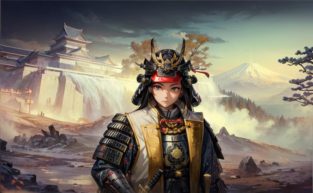 Female, (girls:1.5), (exceptional, best aesthetic, new, newest, best quality, anime, waifu:1.2), best quality, ultra detailed, absurdres, highres, colored, good anatomy, normal eyes, centered eyes, no cockeyed, no cross-eyes black hair, pretty face, Japanese Samurai armor, Samurai helmet, laurel leaves on helmet, swords, cape, Japanese castle, tree, snow mountain, fire,