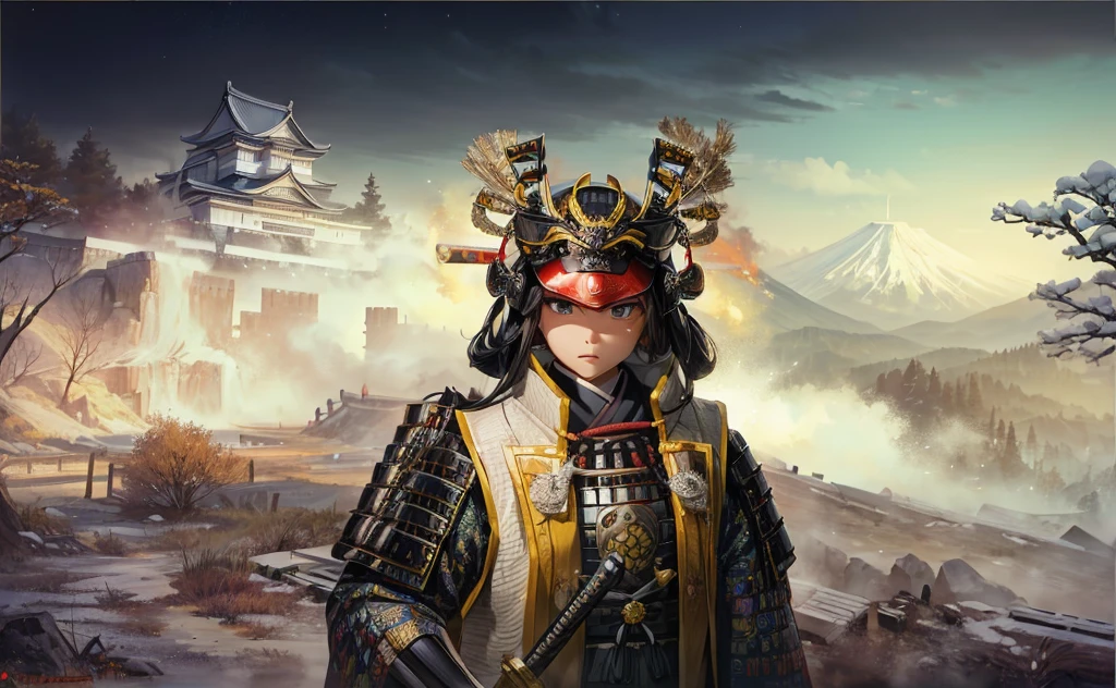 Female, (girls:1.5), (exceptional, best aesthetic, new, newest, best quality, anime, waifu:1.2), best quality, ultra detailed, absurdres, highres, colored, good anatomy, normal eyes, centered eyes, no cockeyed, no cross-eyes black hair, pretty face, Japanese Samurai armor, Samurai helmet, laurel leaves on helmet, swords, cape, Japanese castle, tree, snow mountain, fire,