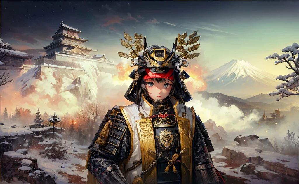 Female, (girls:1.5), (exceptional, best aesthetic, new, newest, best quality, anime, waifu:1.2), best quality, ultra detailed, absurdres, highres, colored, good anatomy, normal eyes, centered eyes, no cockeyed, no cross-eyes black hair, pretty face, Japanese Samurai armor, Samurai helmet, laurel leaves on helmet, swords, cape, Japanese castle, tree, snow mountain, fire,