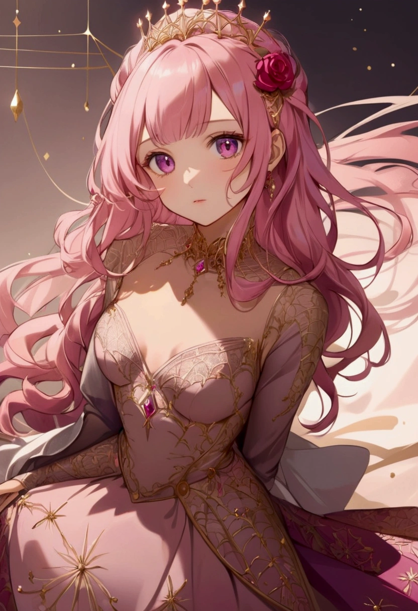 Create an anime-style girl with deep magenta eyes and long, wavy pink hair styled in an elegant updo. She is slender with small breasts. She wears a regal, ethereal dress with elegant and fantasy elements, featuring a gold, pastel pink, and rose gold color scheme. The dress has intricate spider web patterns and motifs.