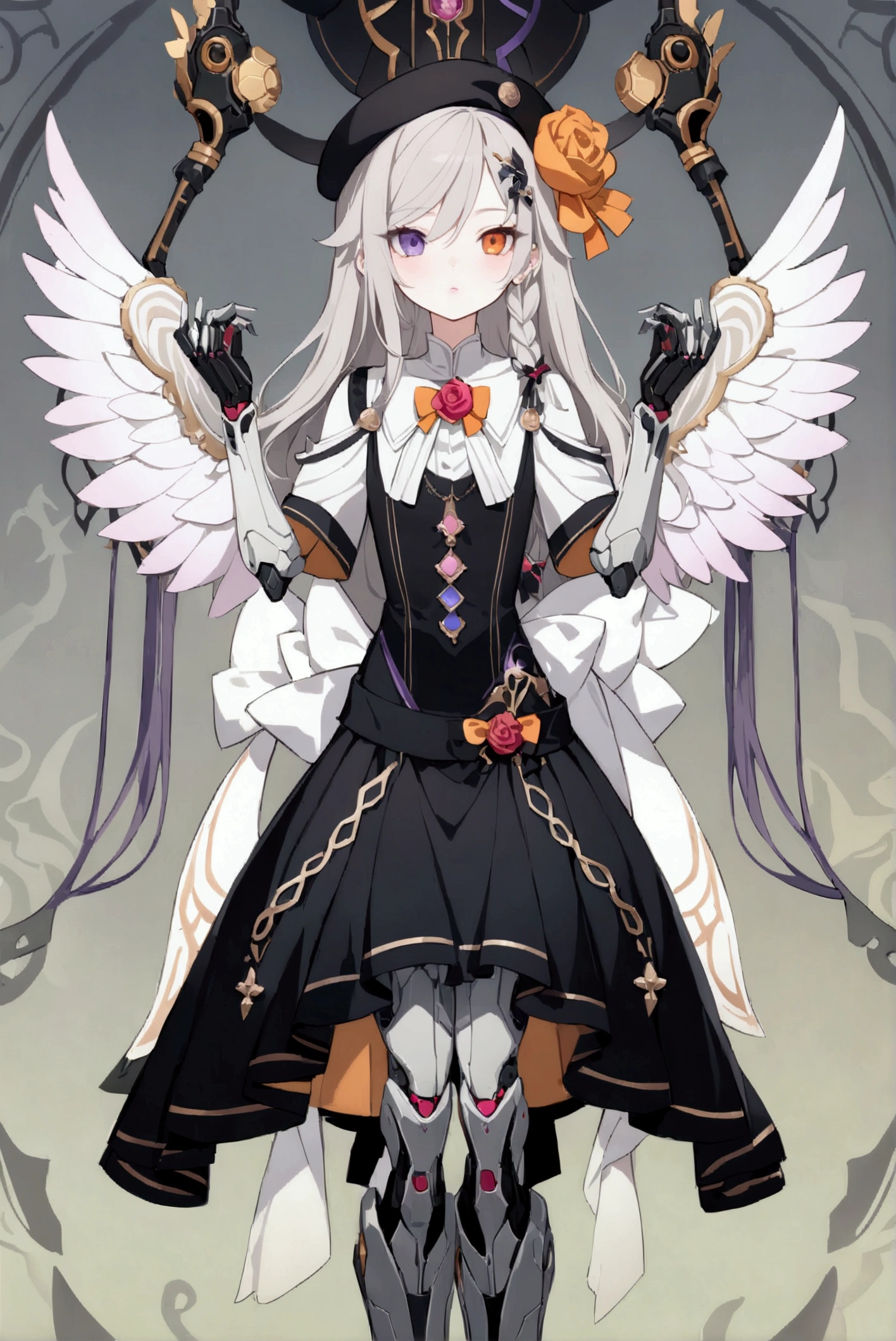 woman 160 cm tall, slim build, , charming look, ((heterocromia: look like, derecho naranja y look like izquierdo violeta)), (Shoulder Length Wavy Gray Hair, He has a medium braid on the left side of his hair on his chest., big open bangs, has a gear hairpin on the left side of the hair), (((complex mechanical legs up to the hip, The legs are black with gray parts with small pink details))), (((complex mechanical arms up to the elbows, The arms are black with gray parts with small pink details))), (complex mechanical angel wings of white color with dark gray parts), (elegant black French beret with an orange rose ribbon, golden gear in the beret next to the ribbon), (elegant thigh-length one-piece dress, short bell skirt, short sleeves, elegant black hip belt with orange parts, small rose brooch in the middle of the chest, beautiful stiletto heels, blue and black ribbon decorations on the dress, (((character design sheet: Front view))), ((Whole body)), extremely detailed beautiful hair, beautiful detailed dress, extremely detailed arms, extremely detailed face, (Extremely detailed hands), perfect hands, small face, hermosos look likes detallados, beautiful detailed lips, adorable, extremely detailed legs, (Best Quality, 8k, High resolution), ultra detailed, Exquisite and epic character art, ((White background)), (Focus on symmetry).