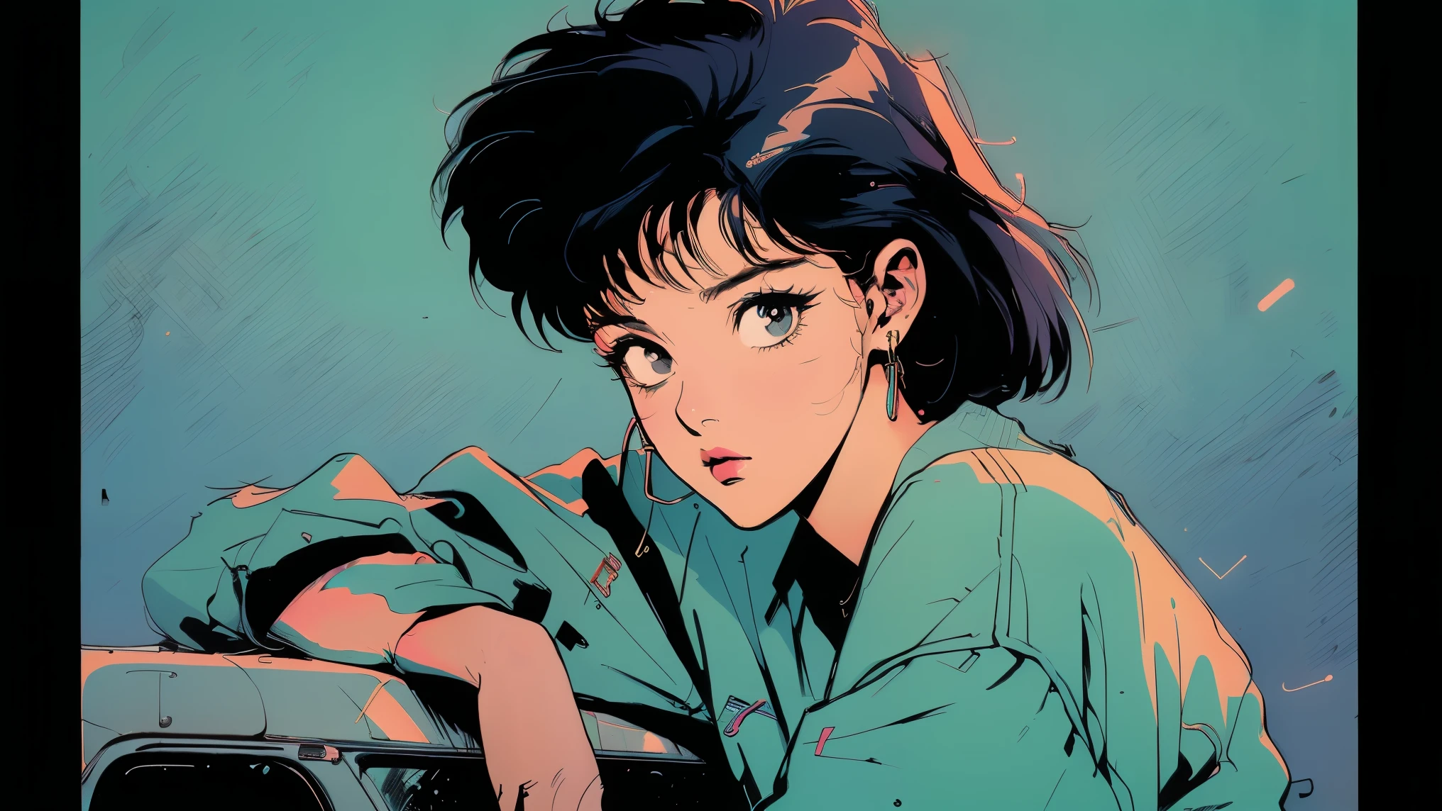 ((best quality)), ((masterpiece)), masterpiece, best quality, retro style, beautiful asian girl, K-pop aesthetics and style, sitting on a car, dreamy, perfection, realistic, high fashion, 16:9, Stylish Korean woman from the 90s, Neon light background, a scene from a movie,